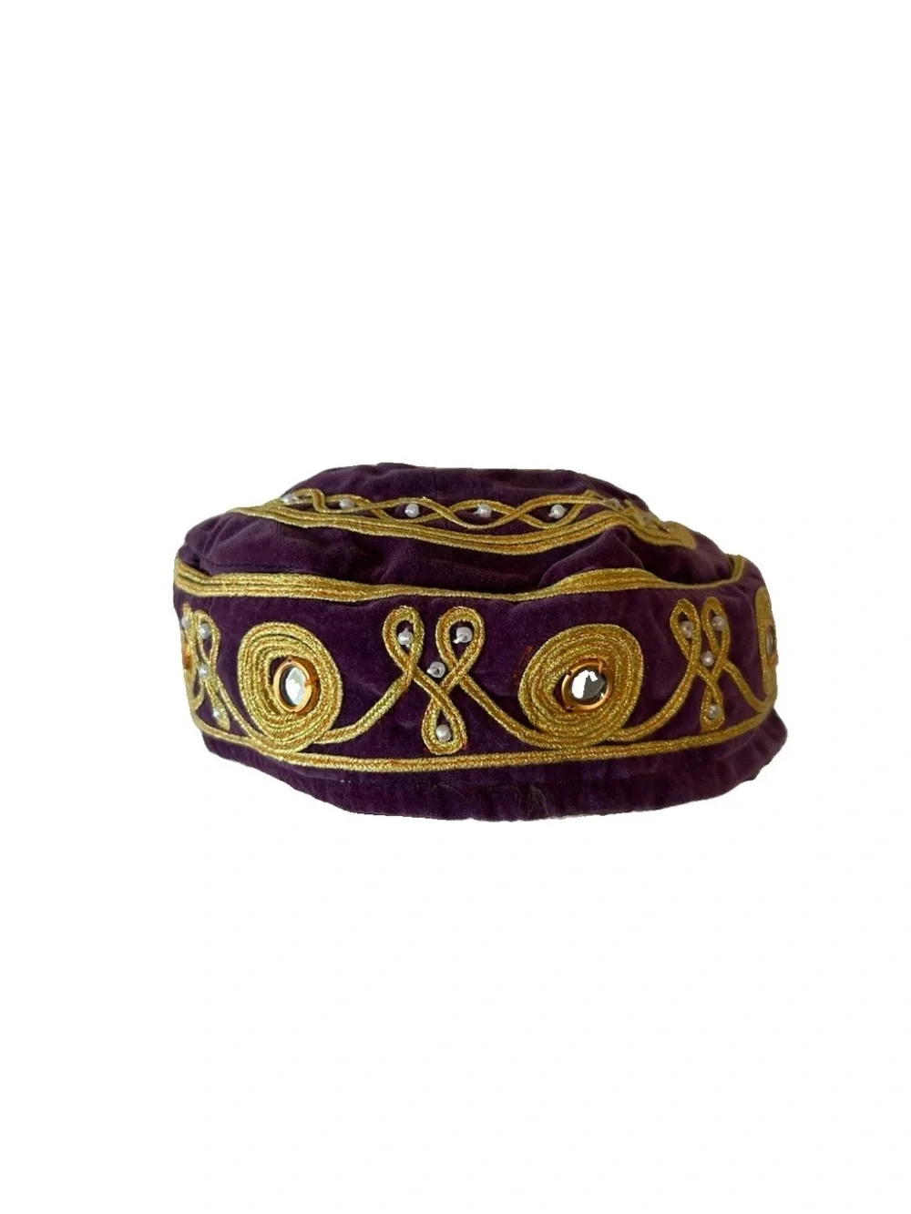 Vintage Velvet Embroidered Turkish Islamic Hat Kufi Gold Thread Mirror Bead
